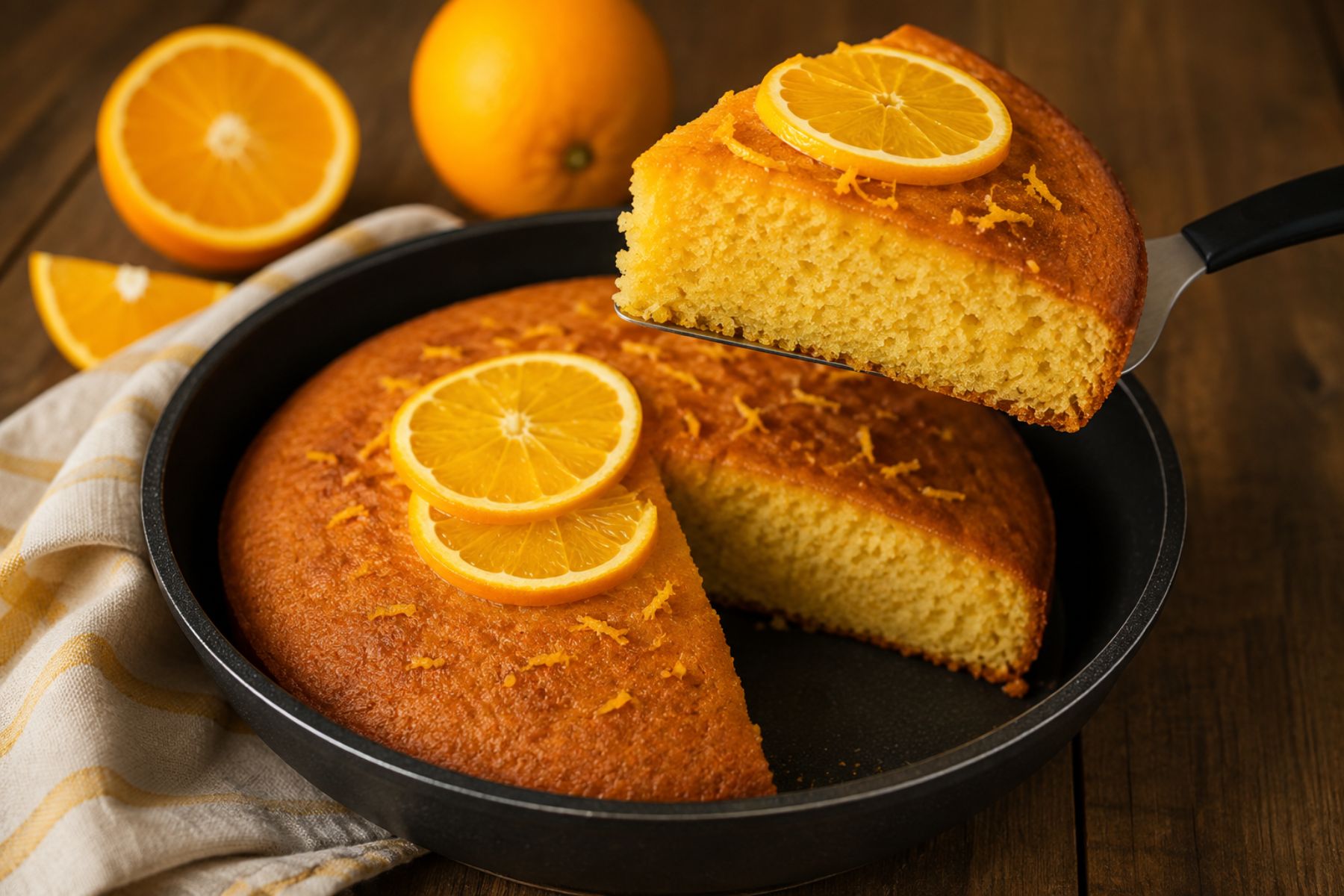 Receta fácil de torta de naranja preparada en sartén sin horno