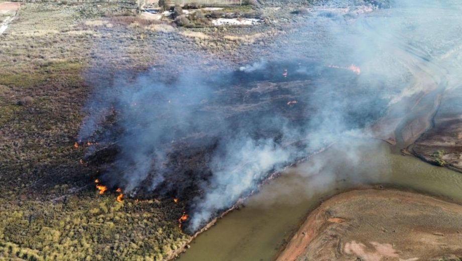 El fuego cambió de dirección a causa del viento, amenazando a una vivienda del sector. (Foto: Bomberos Voluntarios de Rincón de los Sauces)