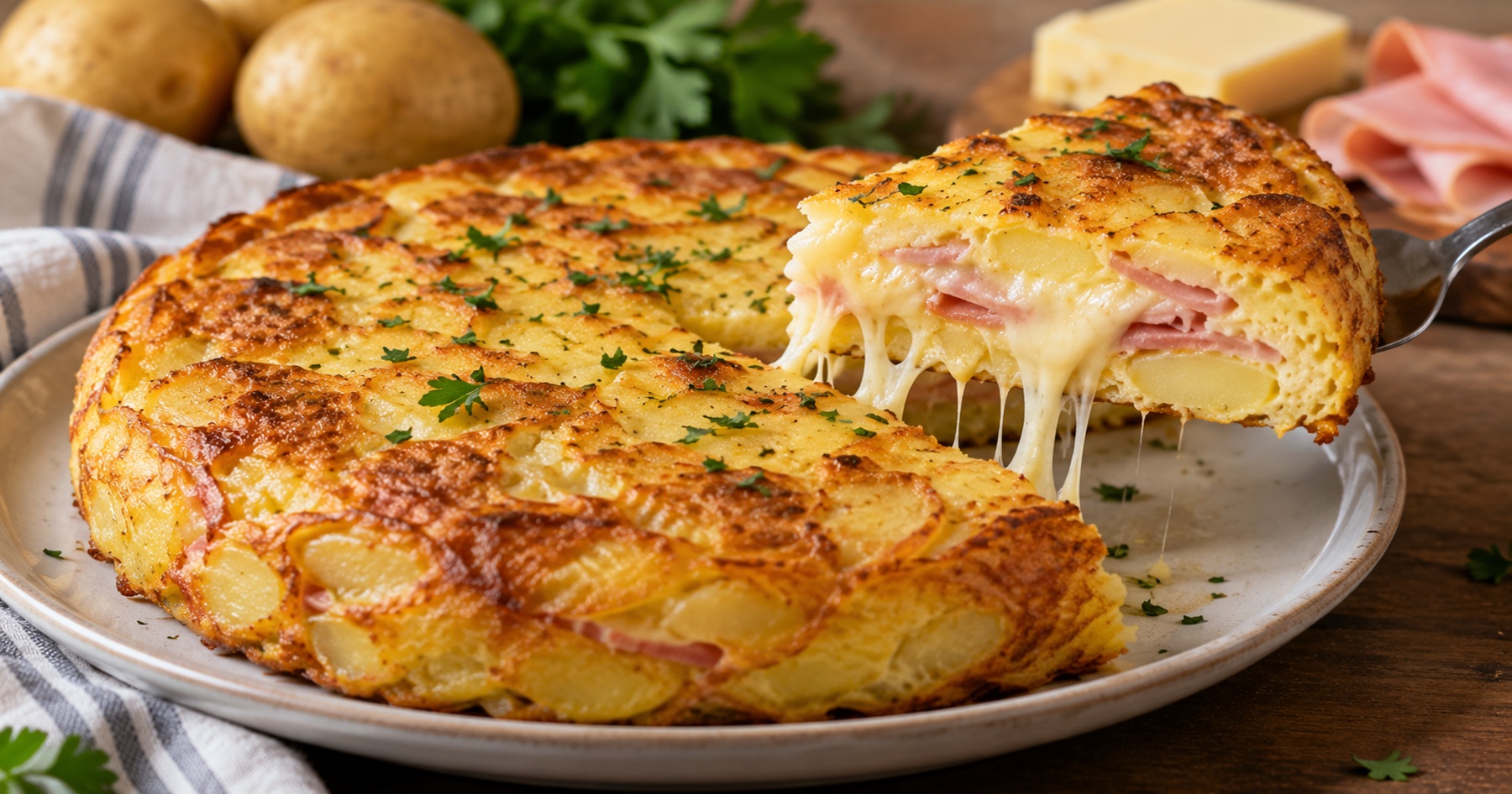 Receta de tortilla de papa al horno con jamón y queso fácil y económica