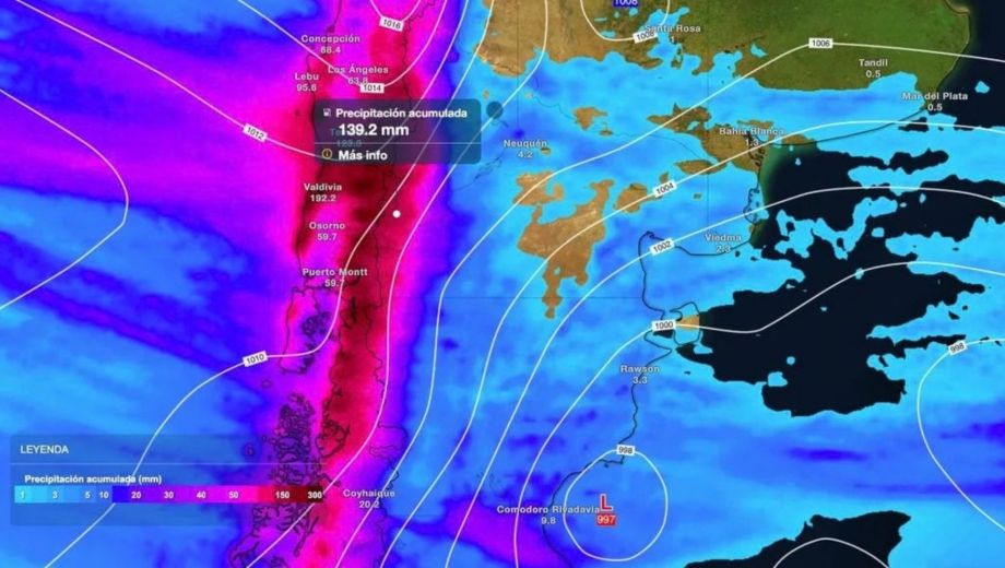 Llega un potente río atmosférico a la Patagonia con lluvias persistentes y fuerte viento