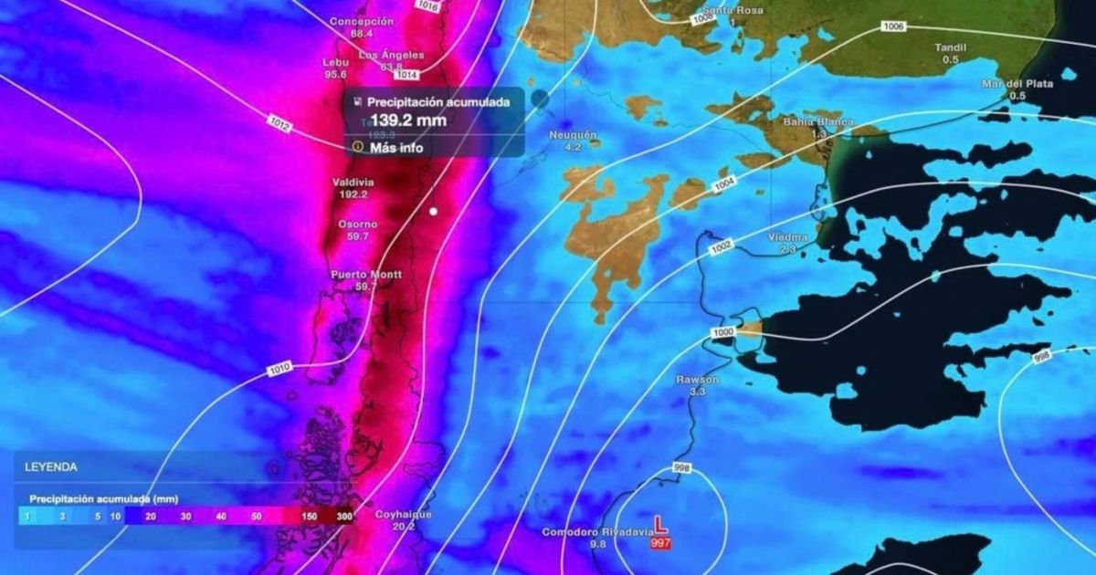 Río atmosférico traerá lluvias intensas y vientos fuertes a la Patagonia