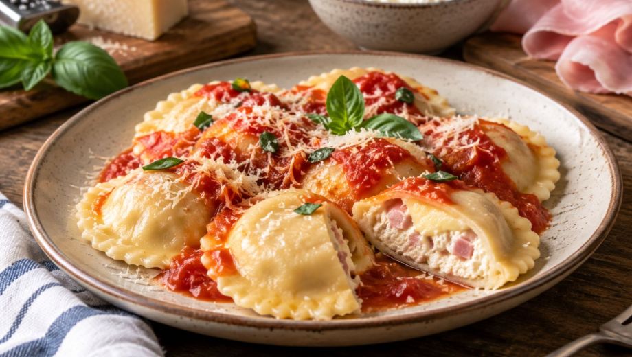 Sorrentinos caseros de jamón, queso y ricota, servidos con salsa de tomate y queso rallado. Foto ilustrativo.