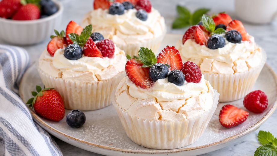Mini pavlovas con frutos rojos frescos. Foto ilustrativa.