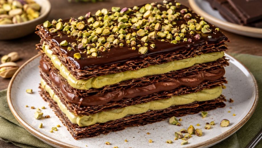 Milhojas de chocolate y pistacho. Foto: ilustrativa.