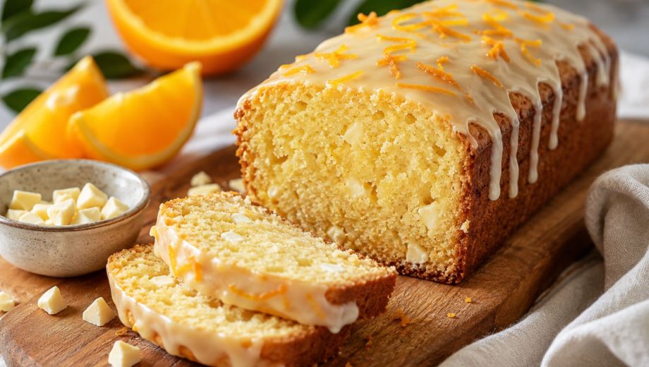 Bizcocho de naranja glaseado con chocolate blanco. Foto ilustrativa.