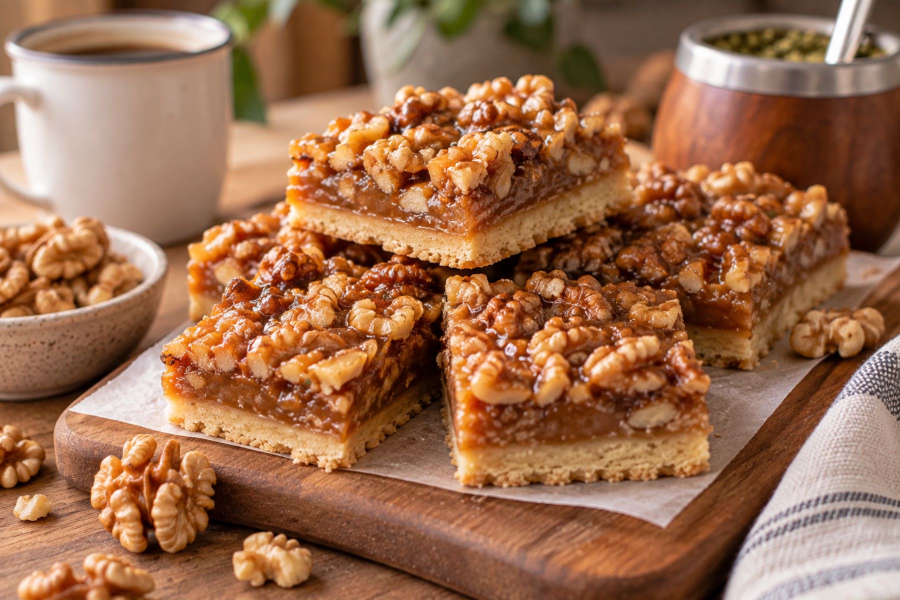 Receta fácil de cuadraditos de nuez y caramelo para la merienda