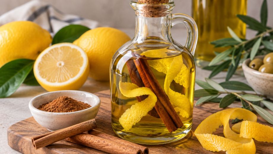 Aceite de oliva infusionado con limón y canela. Foto ilustrativa.