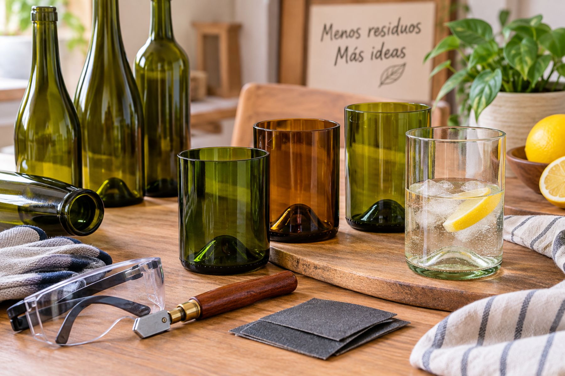 Transformación de botellas de vidrio en vasos útiles para el hogar