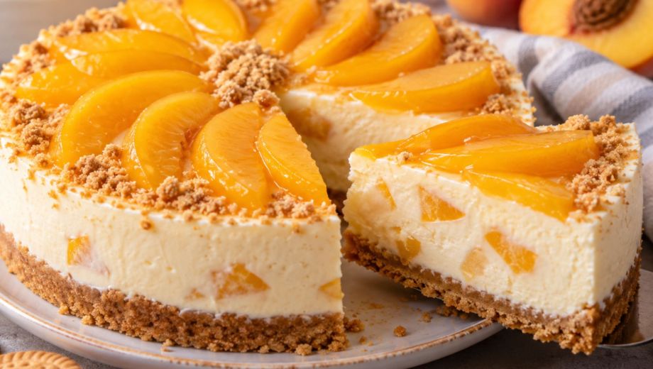Tarta cremosa de melocotón y galleta. Foto ilustrativa.