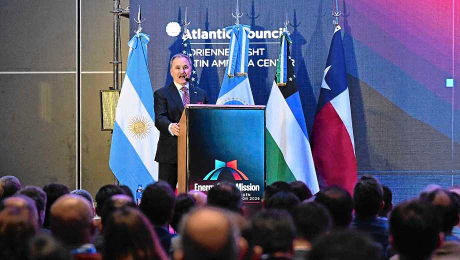 El embajador Peter Lamelas durante su discurso en Neuquén, ante las banderas de la Argentina, Estados Unidos y Texas. (Foto: Cecilia Maletti)