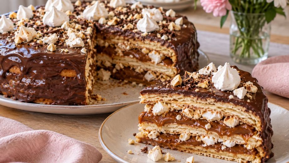 La torta Amor combina capas dulces, dulce de leche, merengue y chocolate, una opción para compartir en familia el Día de la Madre. Foto: ilustrativa.