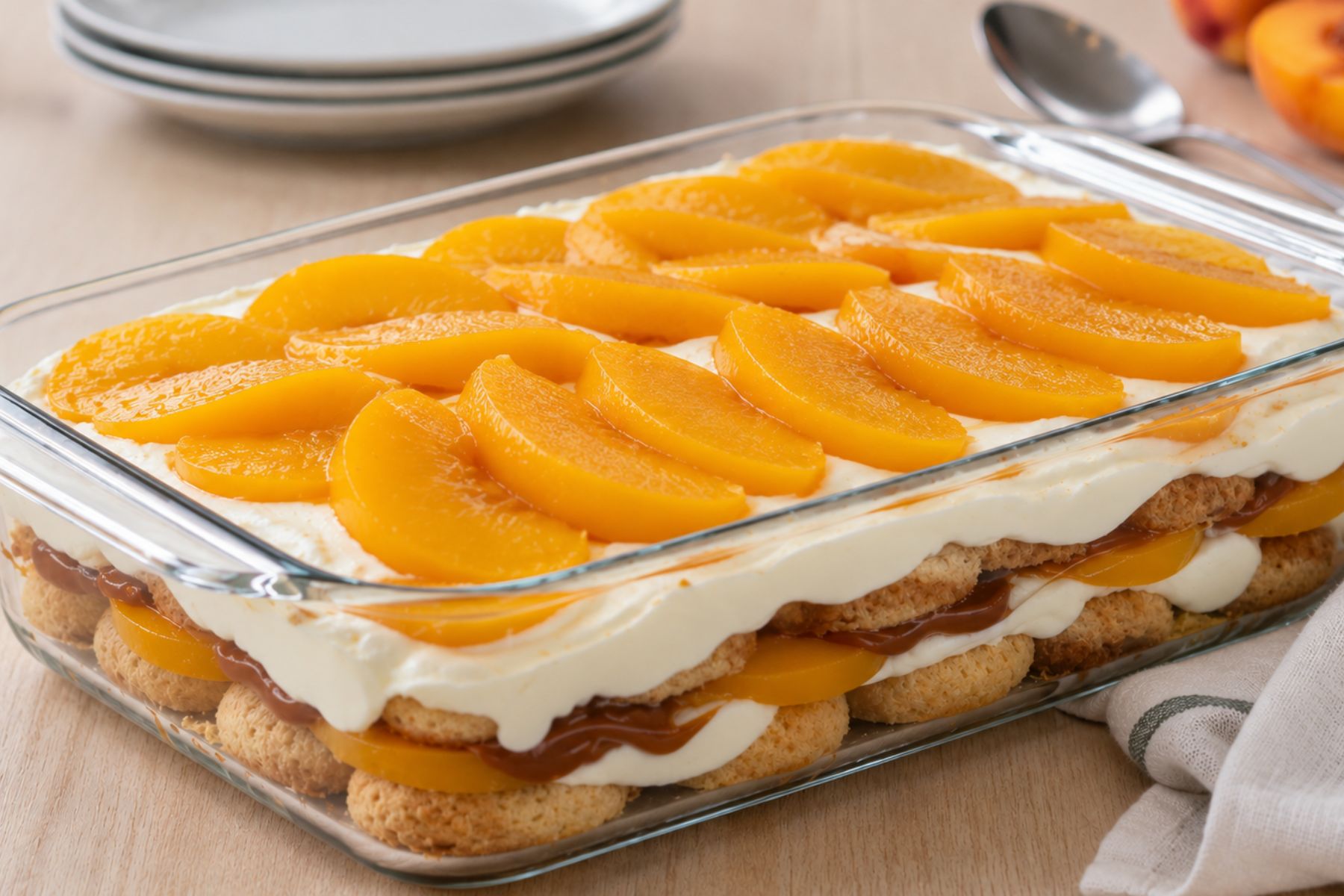 Postre fácil de vainillas, duraznos y dulce de leche sin horno