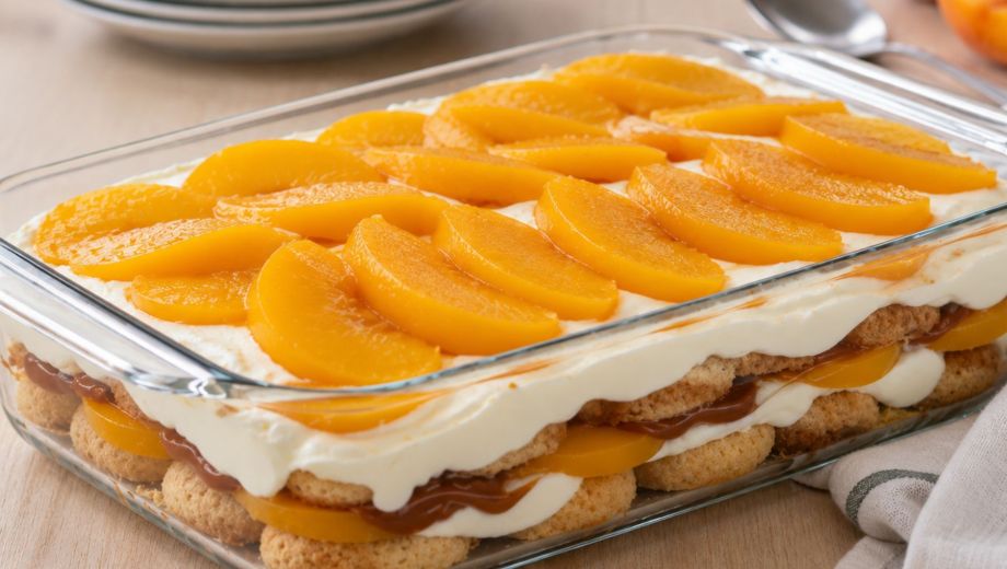 Postre de vainillas, duraznos y dulce de leche. Foto ilustrativa.