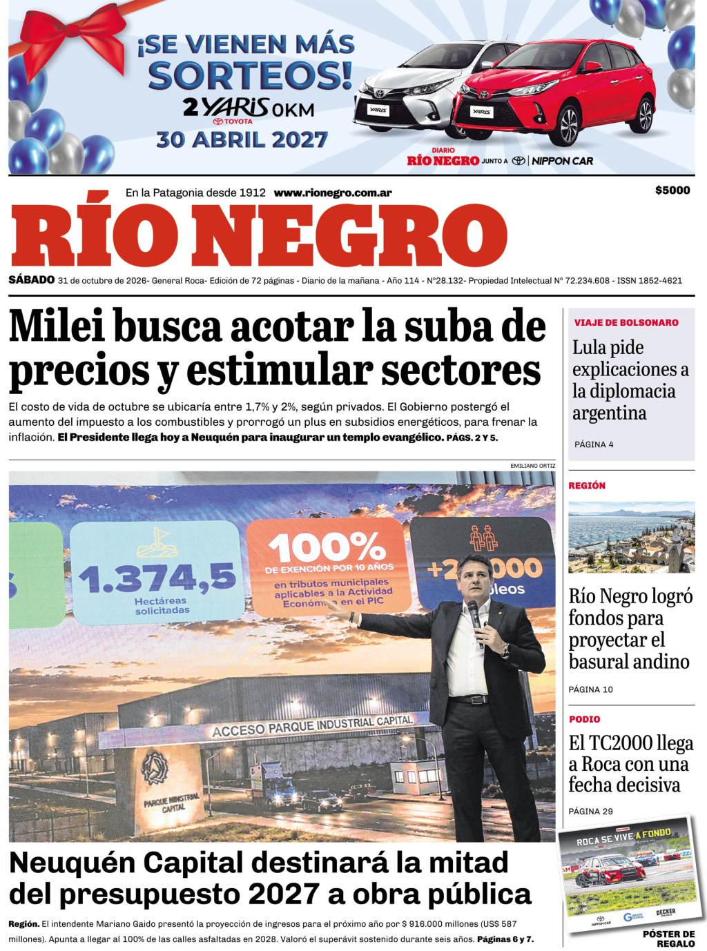 Tapa del diario Diario de Río Negro del 31/10/2026