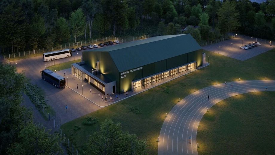 La ubicación prevista busca que el polideportivo funcione como un punto de referencia para las actividades deportivas y recreativas de Allen. Render: Gobierno de Río Negro. 