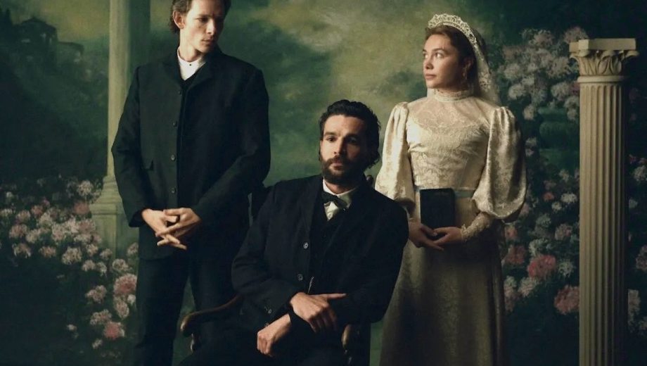 East of Eden. (L to R) Mike Faist as Charles Trask, Christopher Abbott as Adam Trask, Florence Pugh as Cathy Ames in episode 103 of East of Eden. Cr. Courtesy of Netflix © 2026