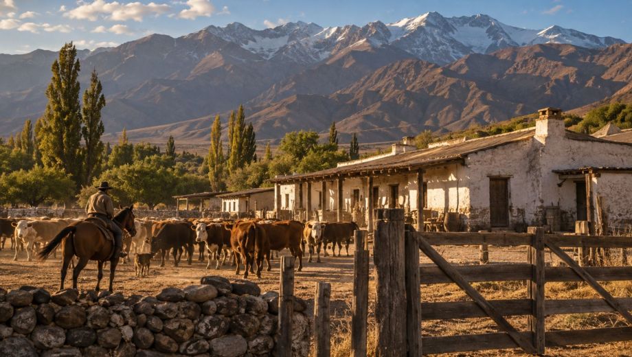 La antigua estancia El Leoncito, en el Valle de Calingasta, llegó a ocupar unas 80.000 hectáreas antes de convertirse en parte del actual Parque Nacional El Leoncito. Foto: imagen generada con IA.
