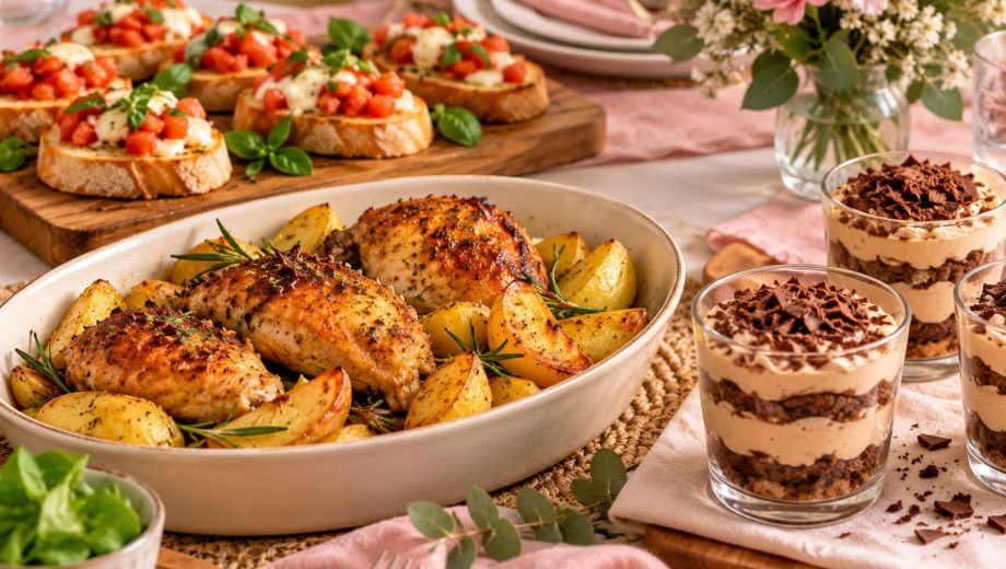 Un menú especial para el Día de la Madre con entrada, pollo al horno con papas y un postre dulce para compartir en familia. Foto ilustrativa.