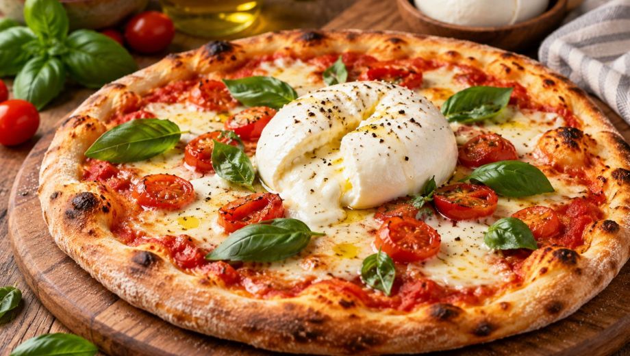 Una pizza casera con burrata fresca, tomates cherry y albahaca. Foto ilustrativa.