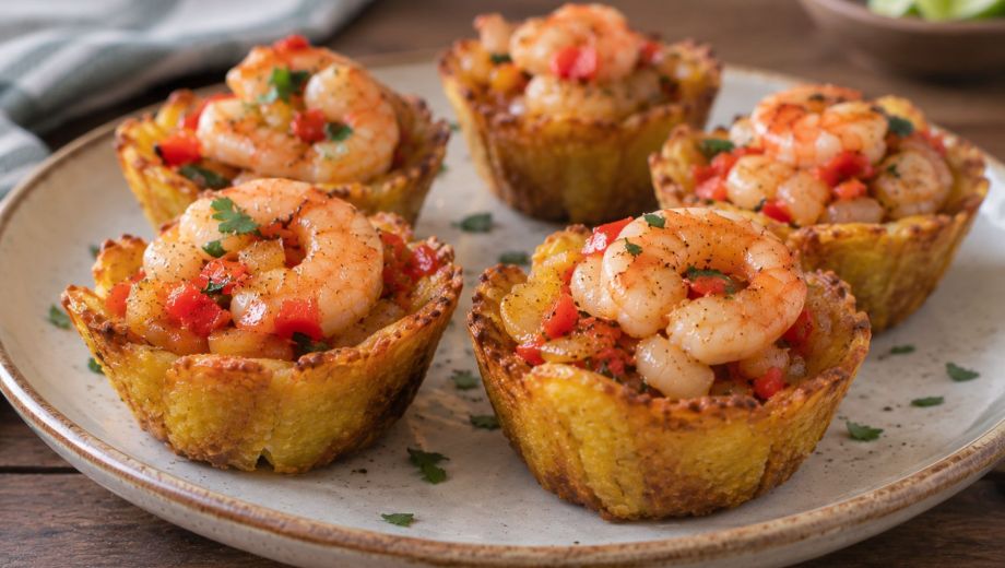 Canastitas de plátano crocantes, rellenas con camarones salteados, morrón y cebolla, una opción diferente para disfrutar como entrada. Foto ilustrativa.